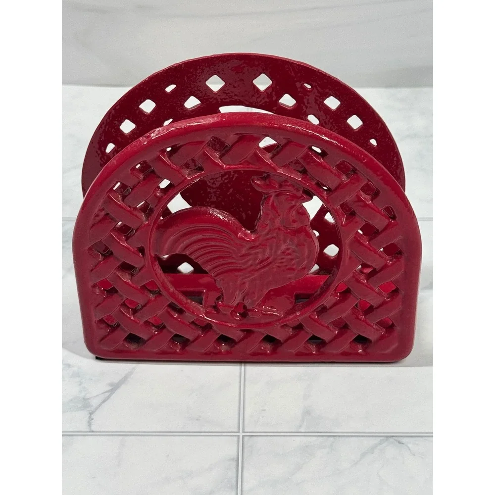 Vintage Red Cast Iron Rooster Napkin Holder Farmhouse Lattice Basketweave Red